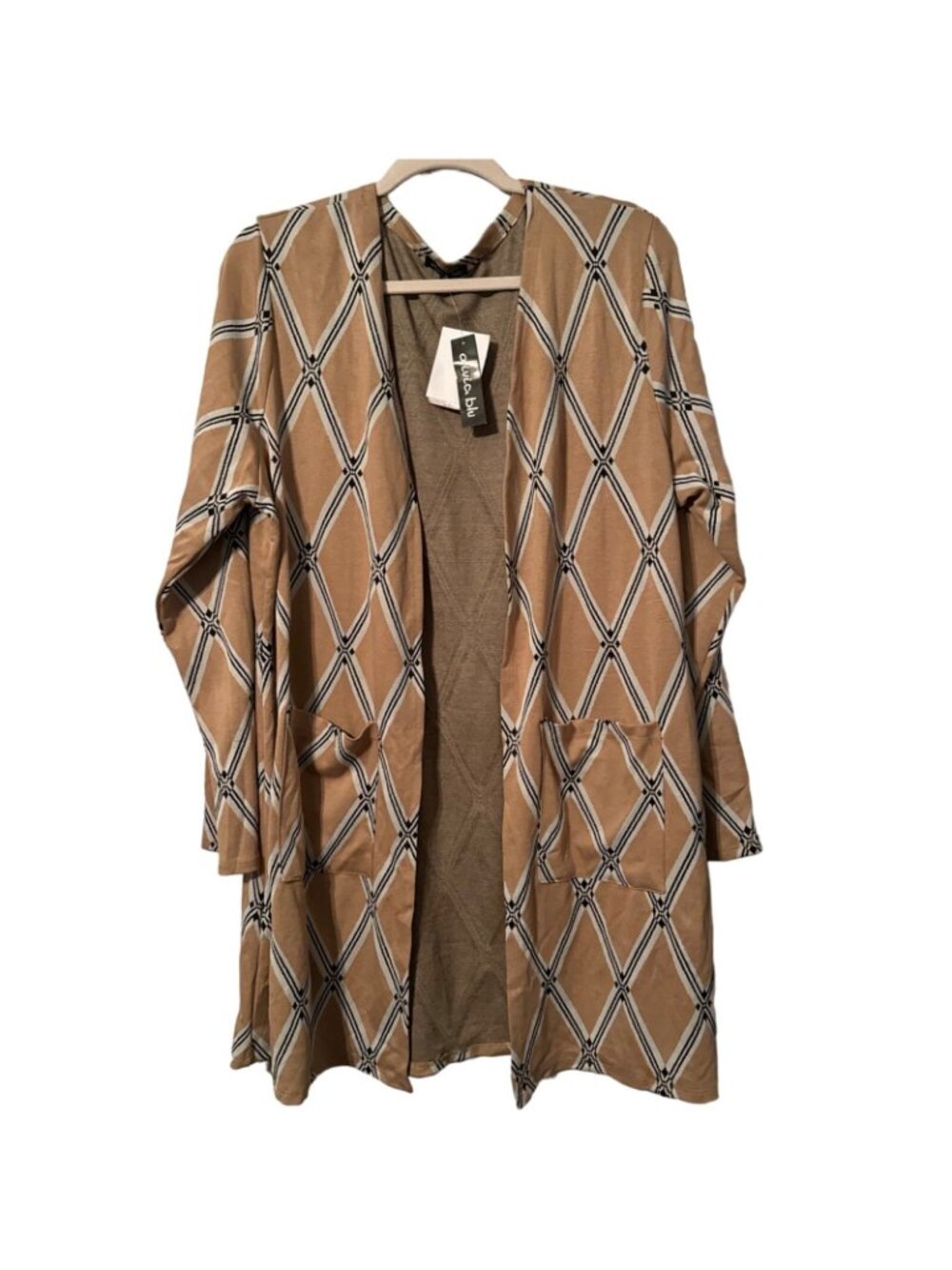 Olivia Blu Womens Long Sleeve Open Front Cardigan With Pockets 1X Beige & Black - Picture 2 of 12